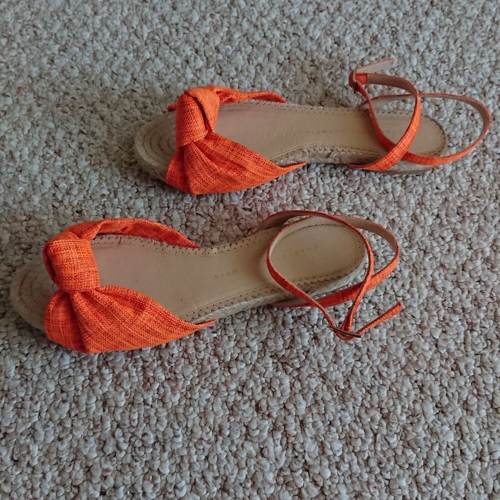 Charlotte Olympia neon orange canvas bow ankle wrap sandals size 8.5